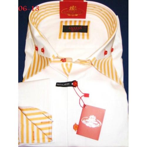 Axxess White / Mustard Handpick Stitching 100% Cotton Regular Fit Dress Shirt 06-13
